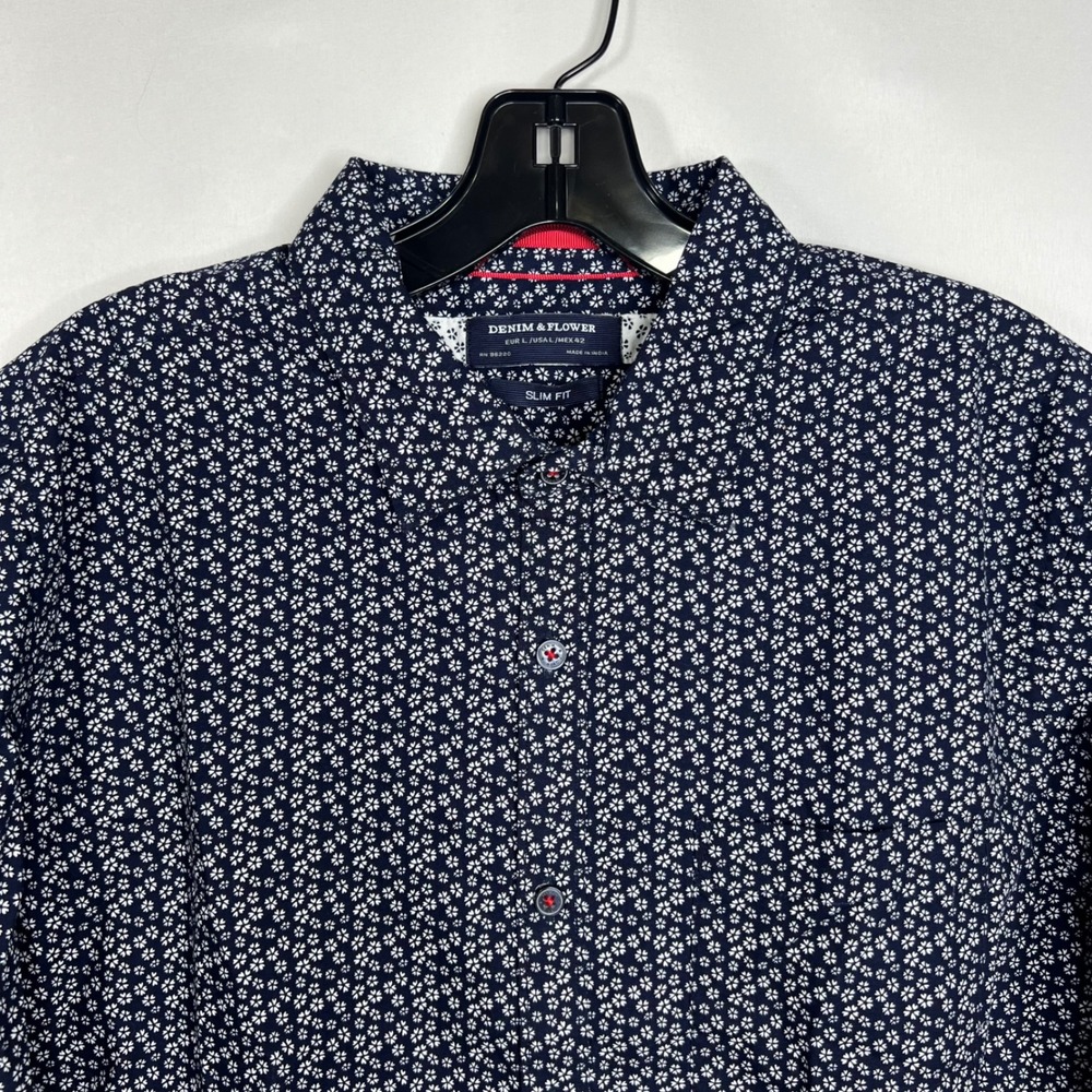 Denim & Flower Ricky Singh Navyā Floral Button Down Mens Shirt L Slim Fit Cotton